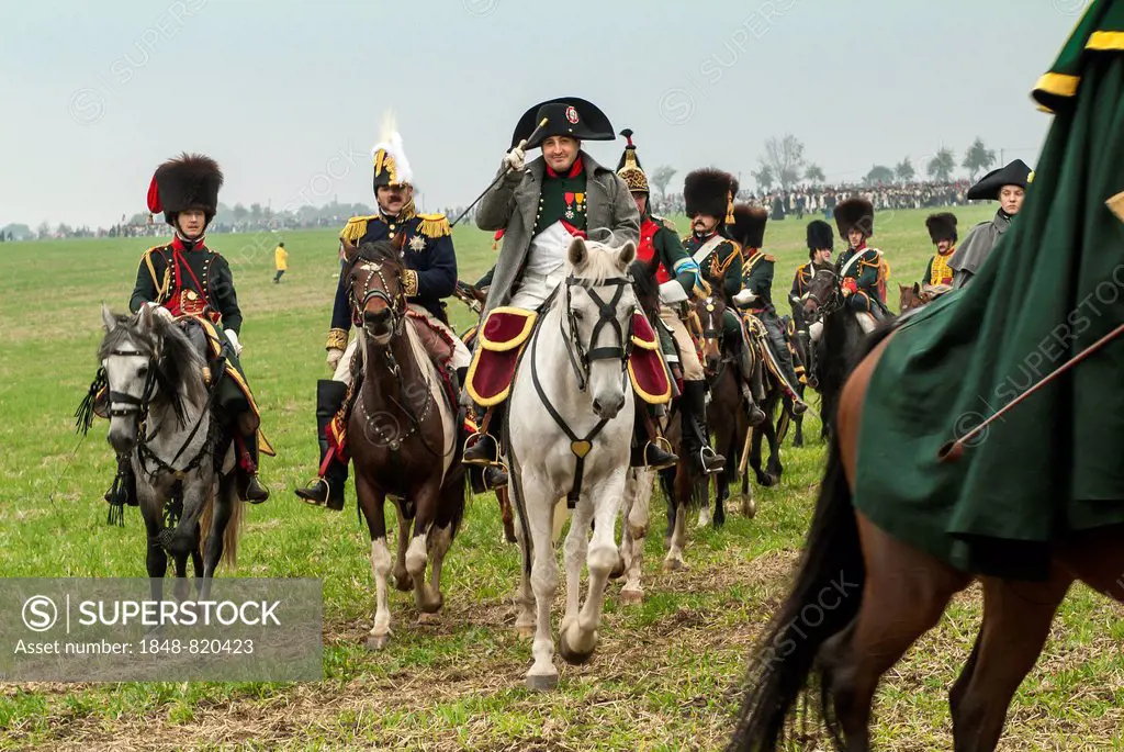 Battle of Jena in 1806, historic battlefield, the French army leadership on horseback, American actor Mark Schneider as Napoleon saluting, Jena, Thuri...