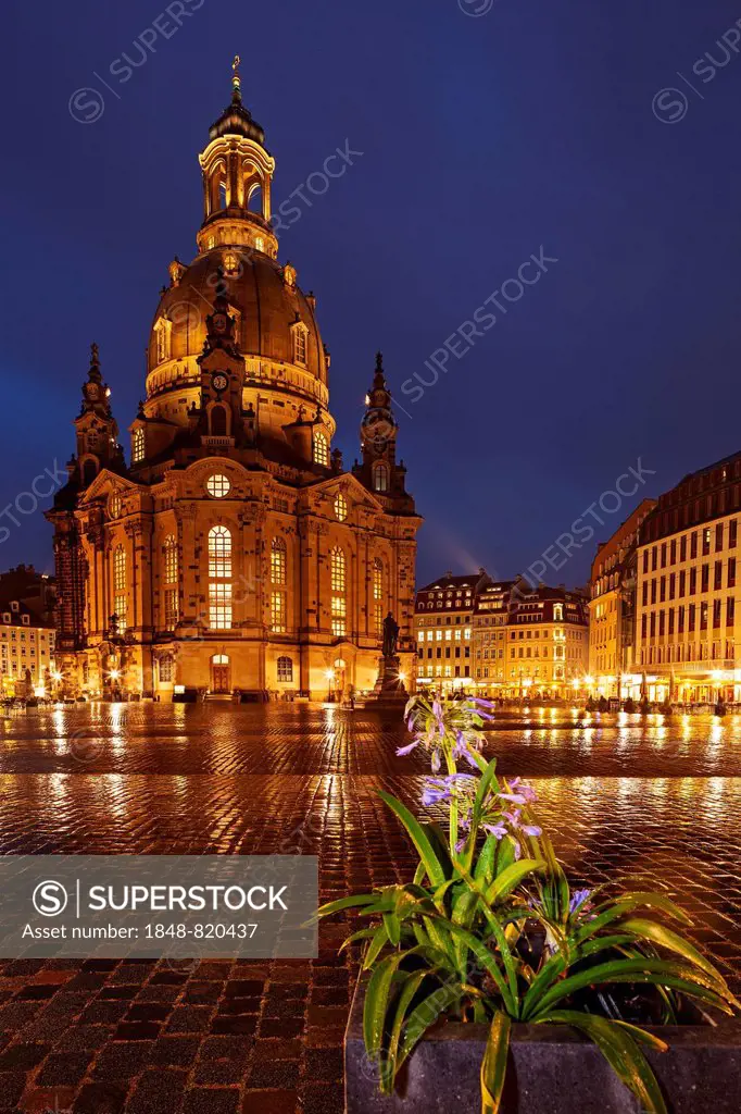 Illuminated Frauenkirche church at the blue hour, Neumarkt, Dresden, Saxony, Germany