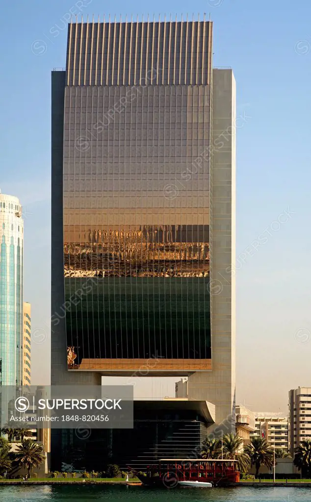 Headquarters of the National Bank of Dubai, NBD, at Dubai Creek in the Deira Quarter of Dubai, United Arab Emirates