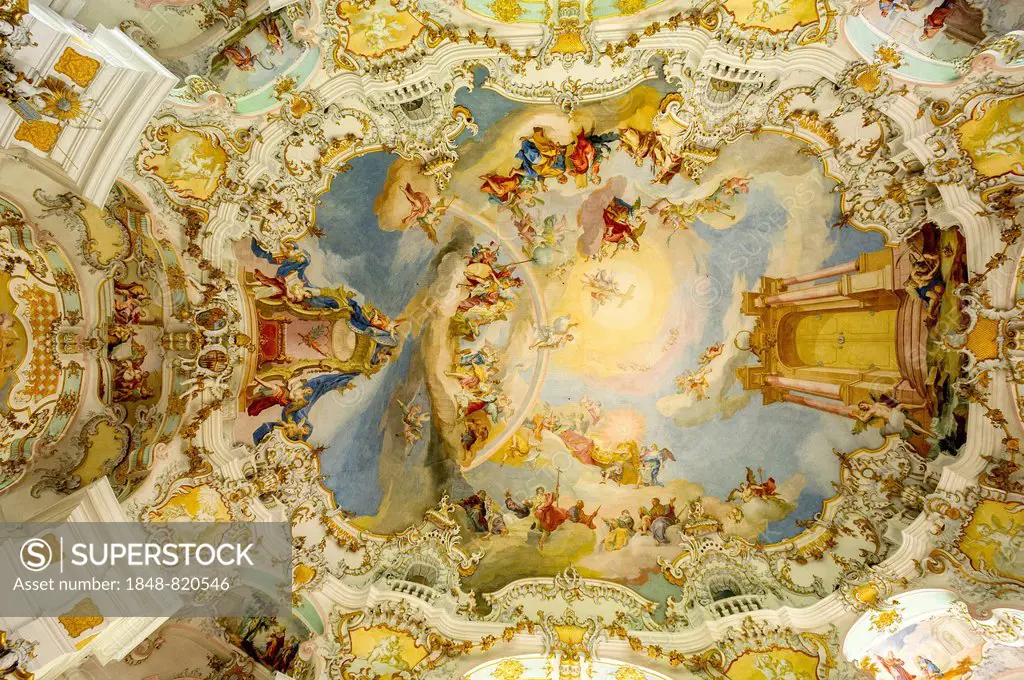 Fresco on the domed ceiling by Johann Baptist Zimmermann, Wieskirche, Steingaden, Pfaffenwinkel, Upper Bavaria, Bavaria, Germany