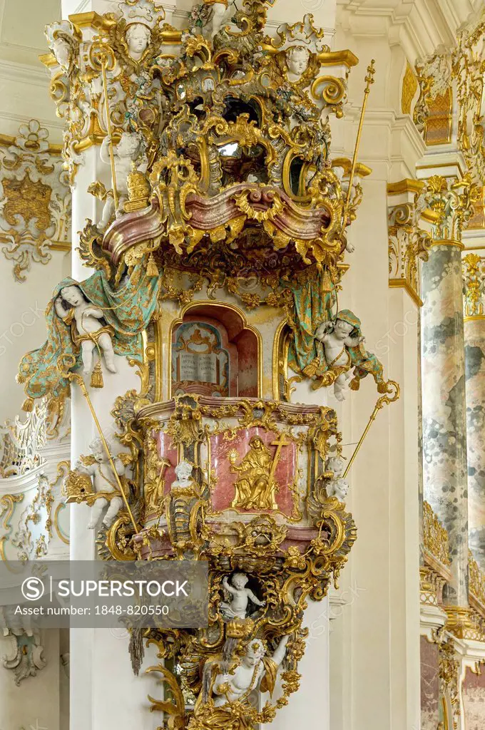 Pulpit in the nave, Wieskirche, Steingaden, Pfaffenwinkel, Upper Bavaria, Bavaria, Germany