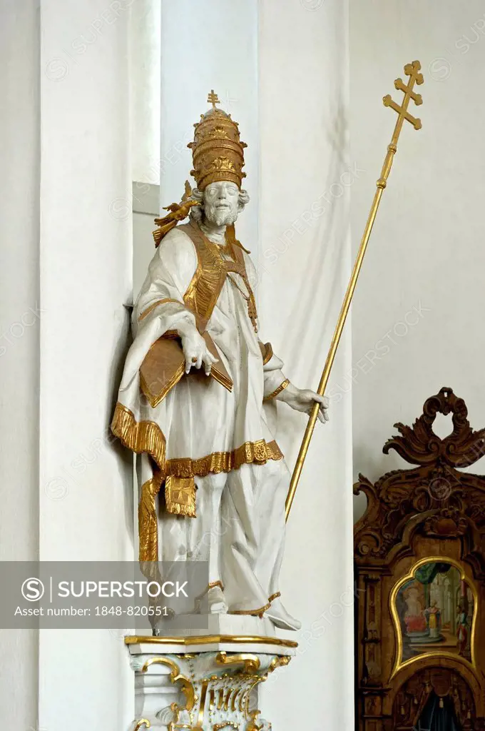 Statue of St. Gregorius, nave, Wieskirche, Steingaden, Pfaffenwinkel, Upper Bavaria, Bavaria, Germany