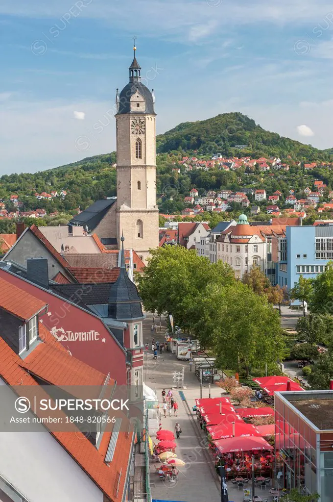 City center with Church of St. Michael, in the back the Hausberg mountain, Jena, Thuringia, Germany