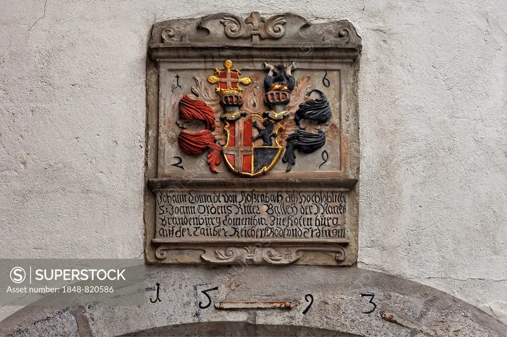 Coat of arms on the Criminal Museum, right the arms of the Order of St John, left the arms of Rosenbach, over the gate the date 1593, Rothenburg ob de...