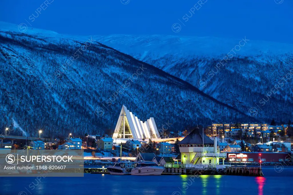 Townscape with the Arctic Cathedral, architect Jan Inge Hovig, Tromso, Troms, Norway