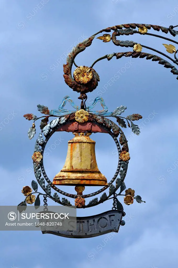 Hanging sign of the inn Glocke or Bell, Rothenburg ob der Tauber, Middle Franconia, Bavaria, Germany