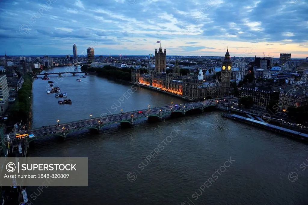 View from the London Eye on Westminster Bridge, Houses of Parliament, and Elizabeth Tower clock tower, London, England, United Kingdom