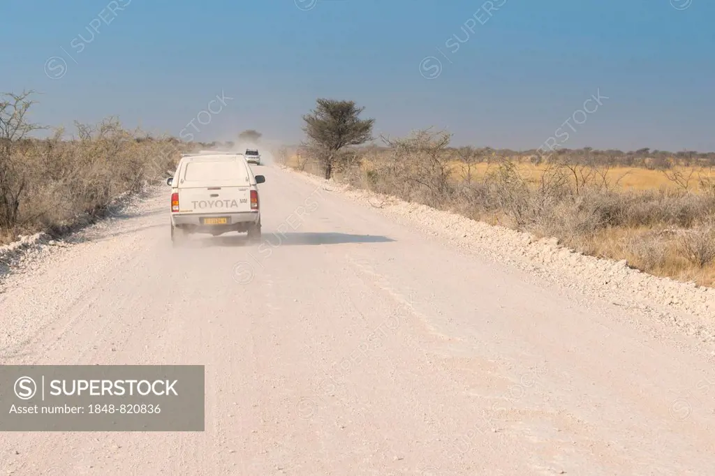Car on dirt road, Etosha National Park, Namibia