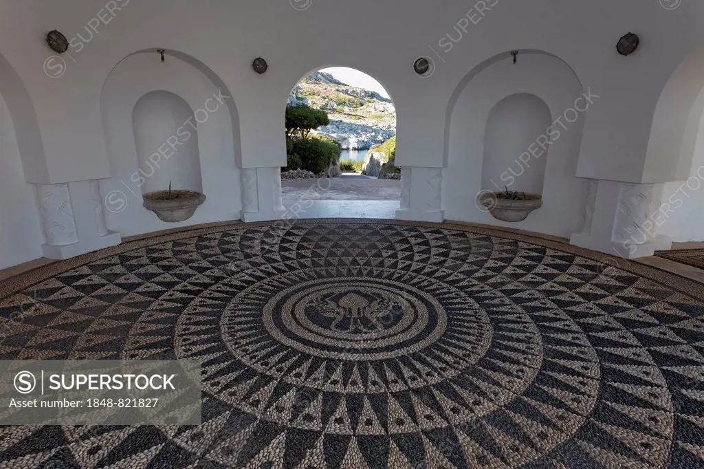 Pavilion with pebble mosaic, chochlaki, thermal baths of Kallithea, Rhodes, Dodecanese, Greece