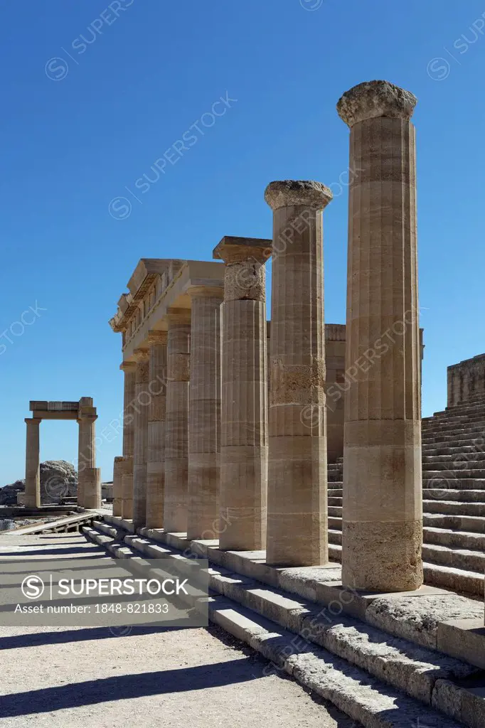 Stoa of the Temple of Athena, Acropolis of Lindos, Rhodes island, Dodecanese, Greece