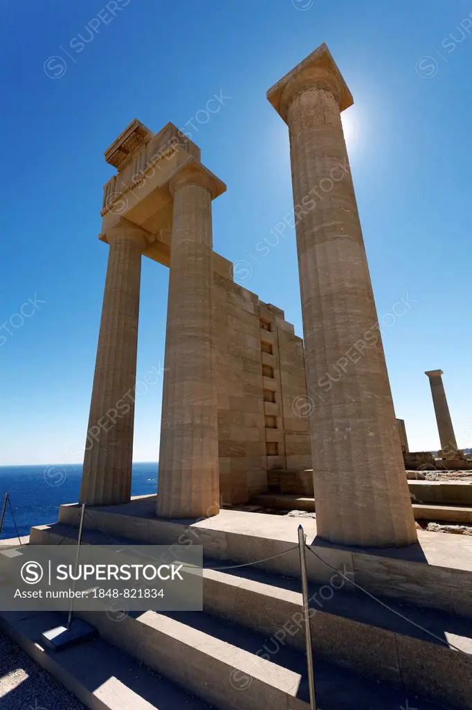 Remains of columns, Temple of Athena, Acropolis of Lindos, Rhodes island, Dodecanese, Greece