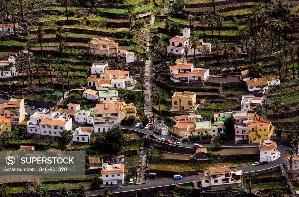 Houses in the valley, Lomo del Moral, La Gomera, Canary Islands, Spain