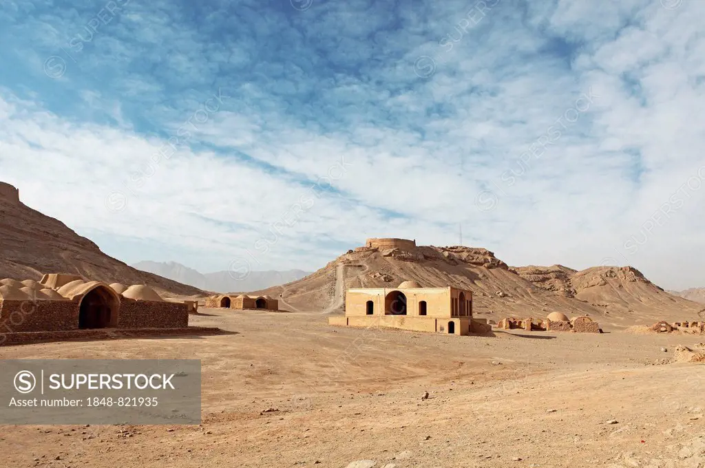 Ceremonial buildings at the Tower of Silence, Zoroastrian burial ground, Yazd, Yazd Province, Persia, Iran