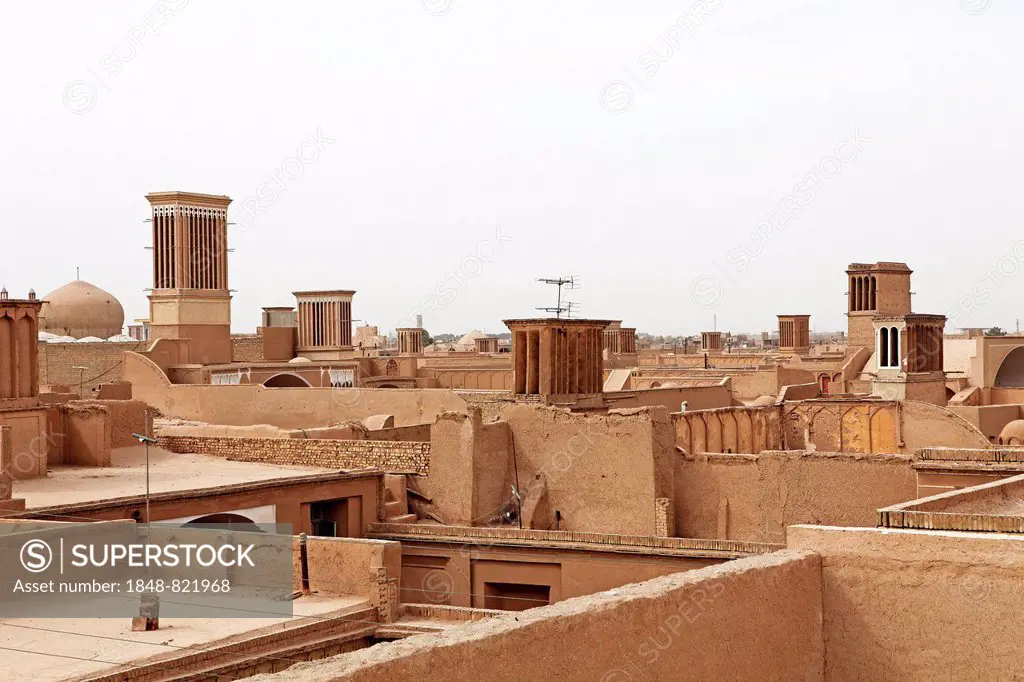Windcatchers in the historic centre, from above, Yazd, Yazd Province, Persia, Iran