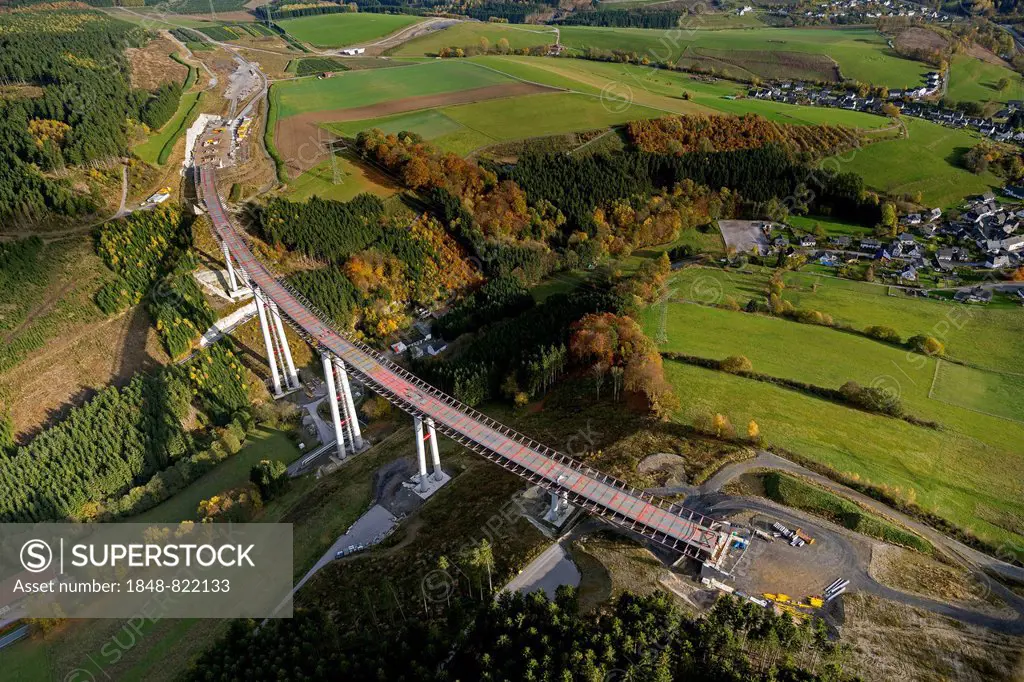 Talbrücke Nuttlar bridge, under construction, tallest bridge in North Rhine-Westphalia, Sauerland area, North Rhine-Westphalia, Germany