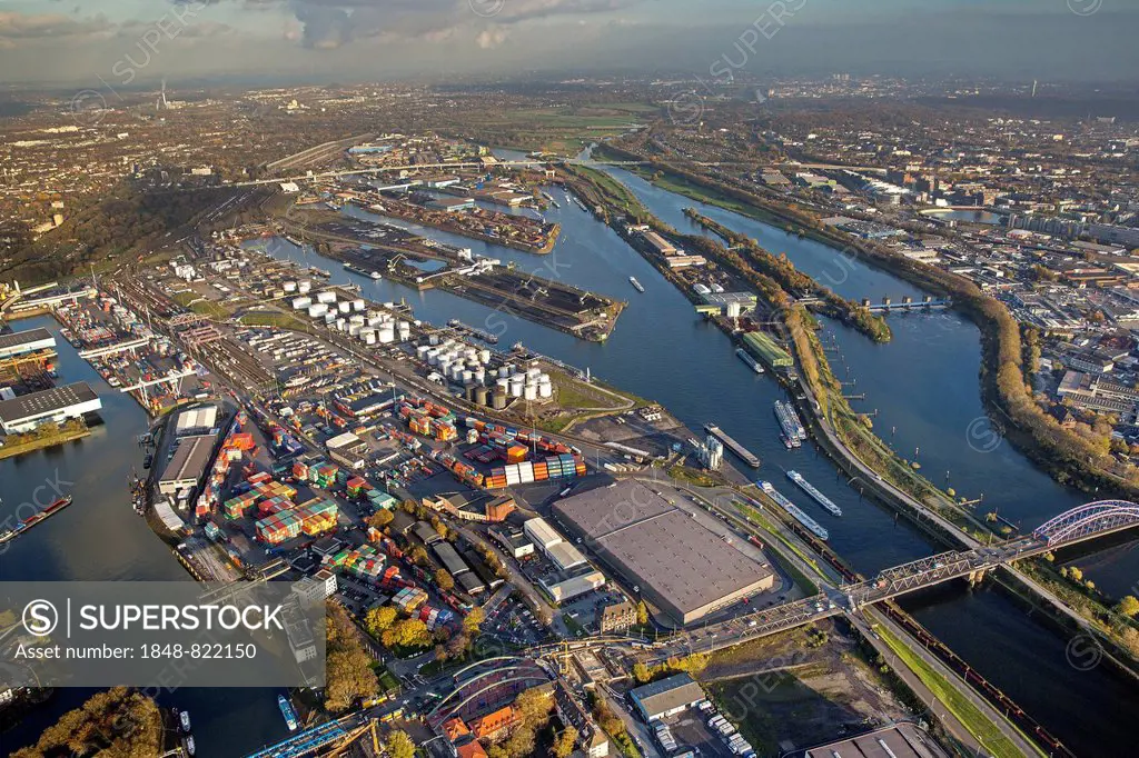 Aerial view, bridge construction at the Rhenus Partnerschaft, Vinckeufer shore, Port of Duisburg, Duisport, Ruhr River, Homberg-Ruhrort-Baerl, Duisbur...