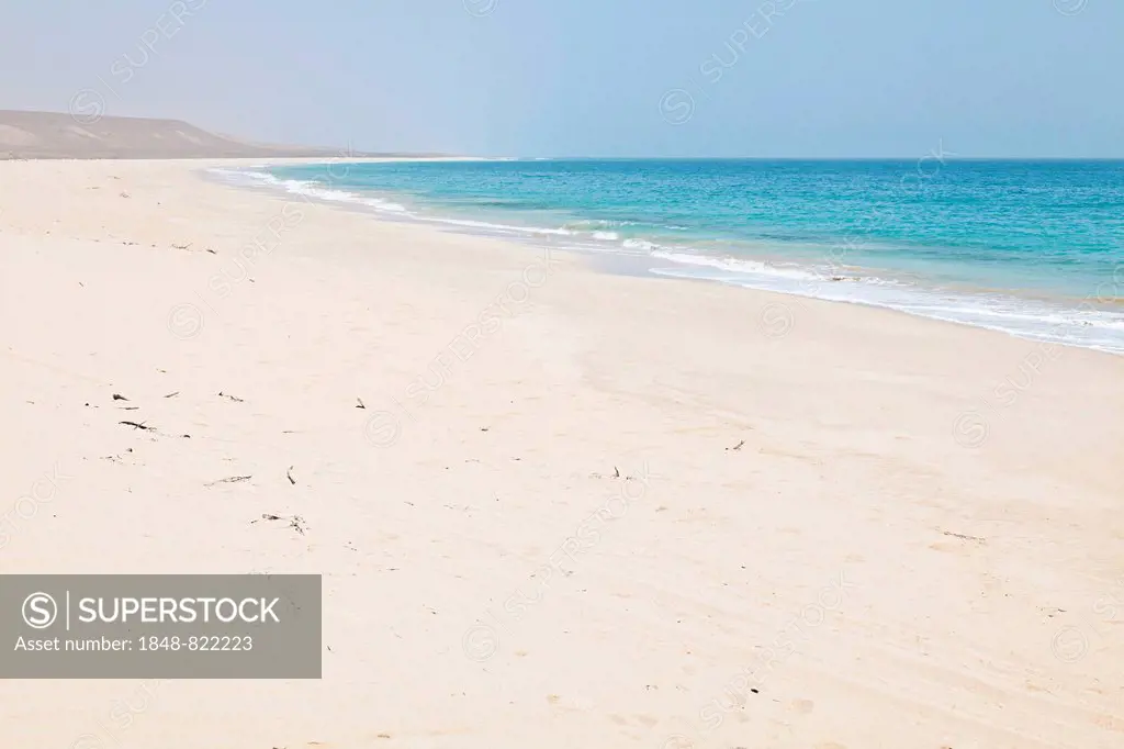The long and wide beach of Praia de Curral Velho in the south of the island of Boa Vista, Cape Verde, Republic of Cabo Verde