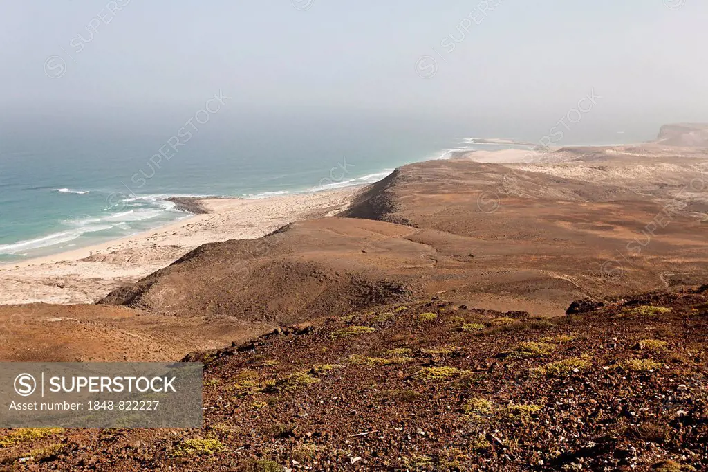 View from the black Mountain Morro Negro down the coast to the south with Praia Mosquito Beach on the east coast, Boa Vista island, Cape Verde, Republ...