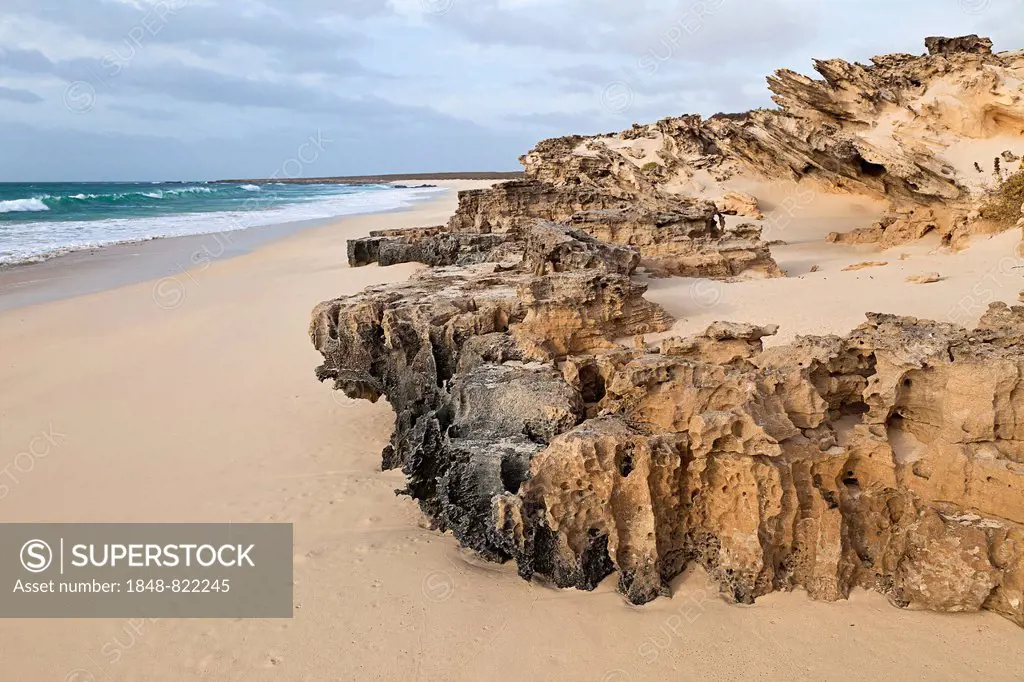 Weathered rocks on Varandinha Beach, Praia de Chave, island of Boa Vista, Cape Verde, Republic of Cabo Verde