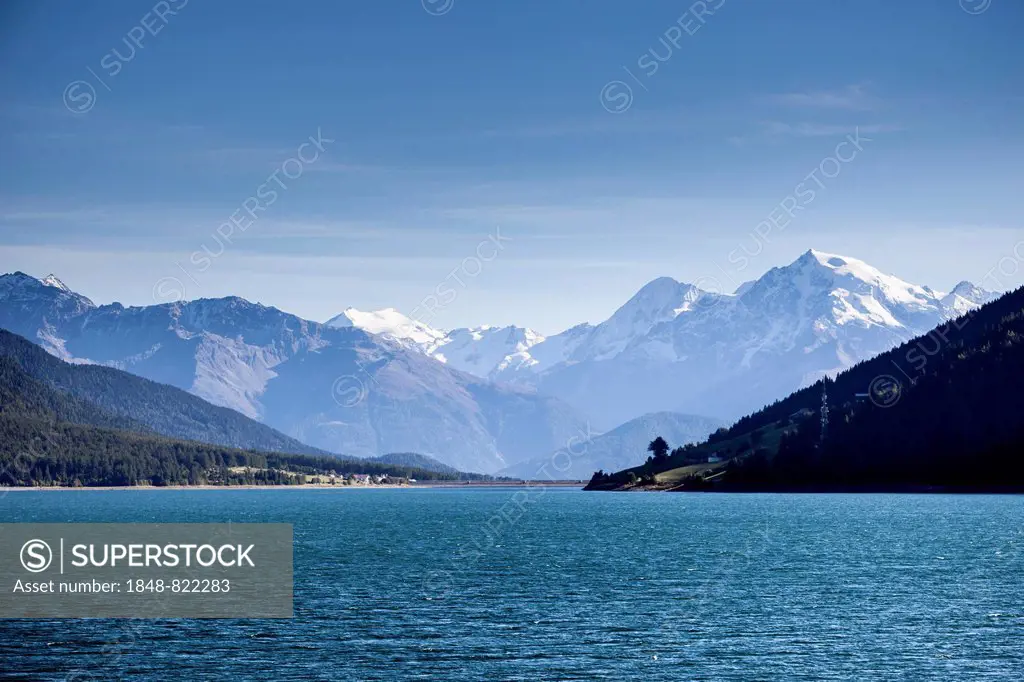 The massif of Mount Ortler above the Reschensee, from St. Valentin auf der Haide, South Tyrol, Vinschgau, Italy