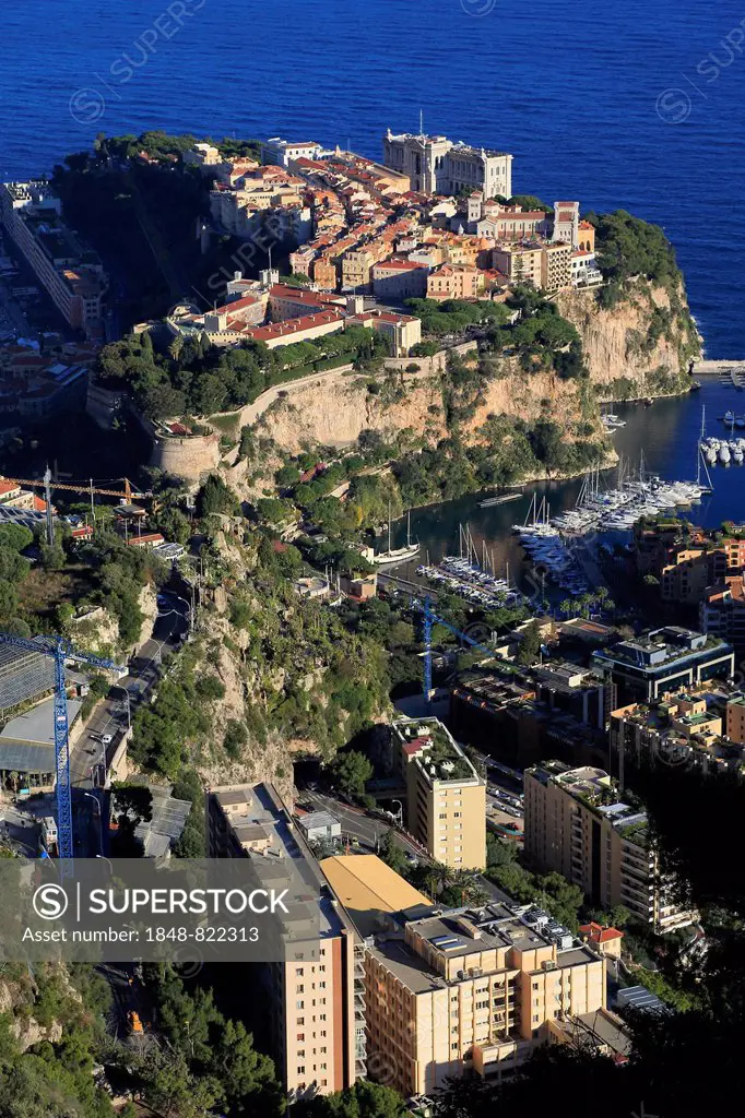 Rock of Monaco with the Prince's Palace, the Cathedral, the Oceanographic Museum and the Princess Grace Hospital, Principality of Monaco, Mediterranea...