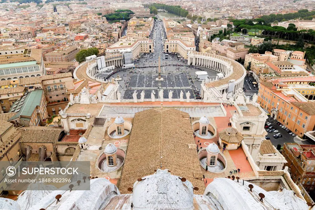 View from the dome of the Basilica San Pietro, St. Peter's Basilica, on the Piazza San Pietro, St. Peter's Square and the road Via della Conciliazione...