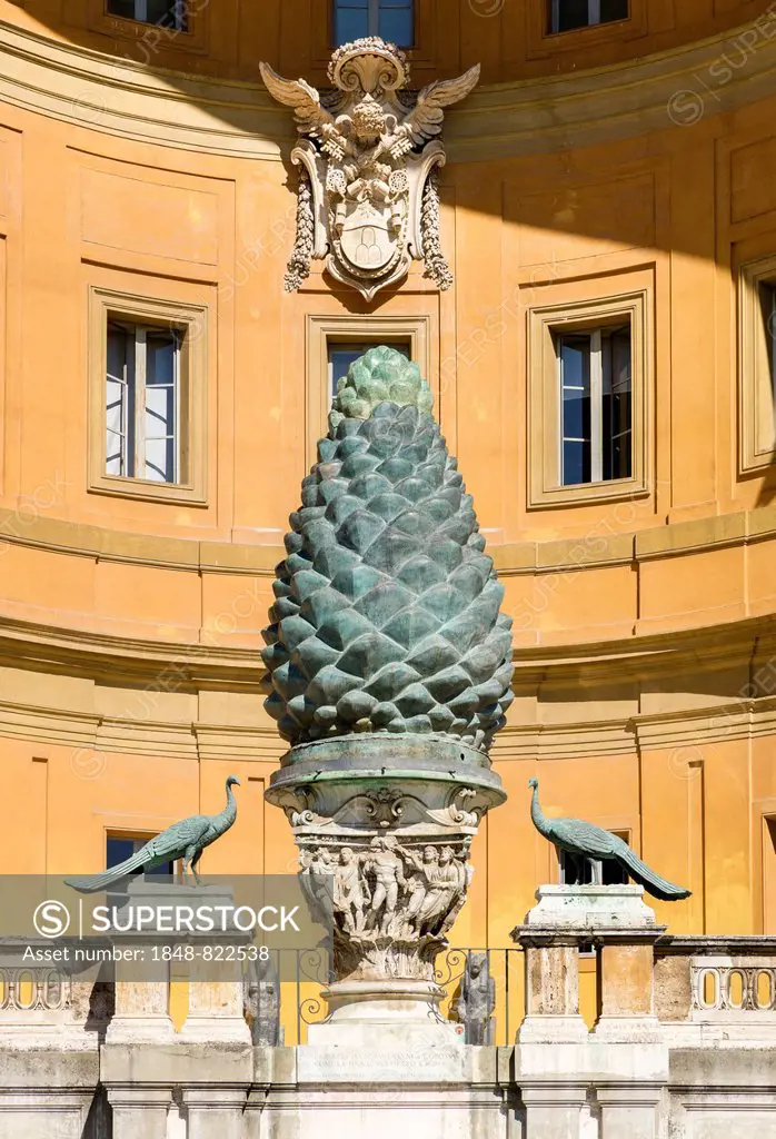Antique bronze pine cone in the Cortile della Pigna, Vatican Museums, Vatican City, Lazio, Italy