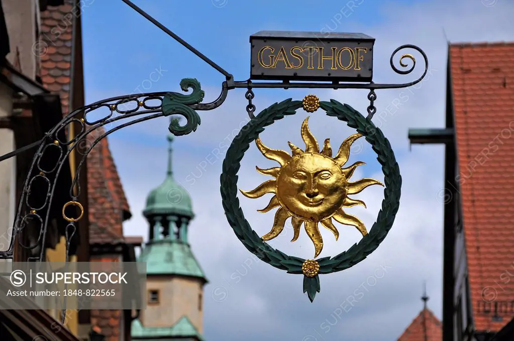 Signboard of Hotel Sonne or Sun, Rothenburg ob der Tauber, Middle Franconia, Bavaria, Germany