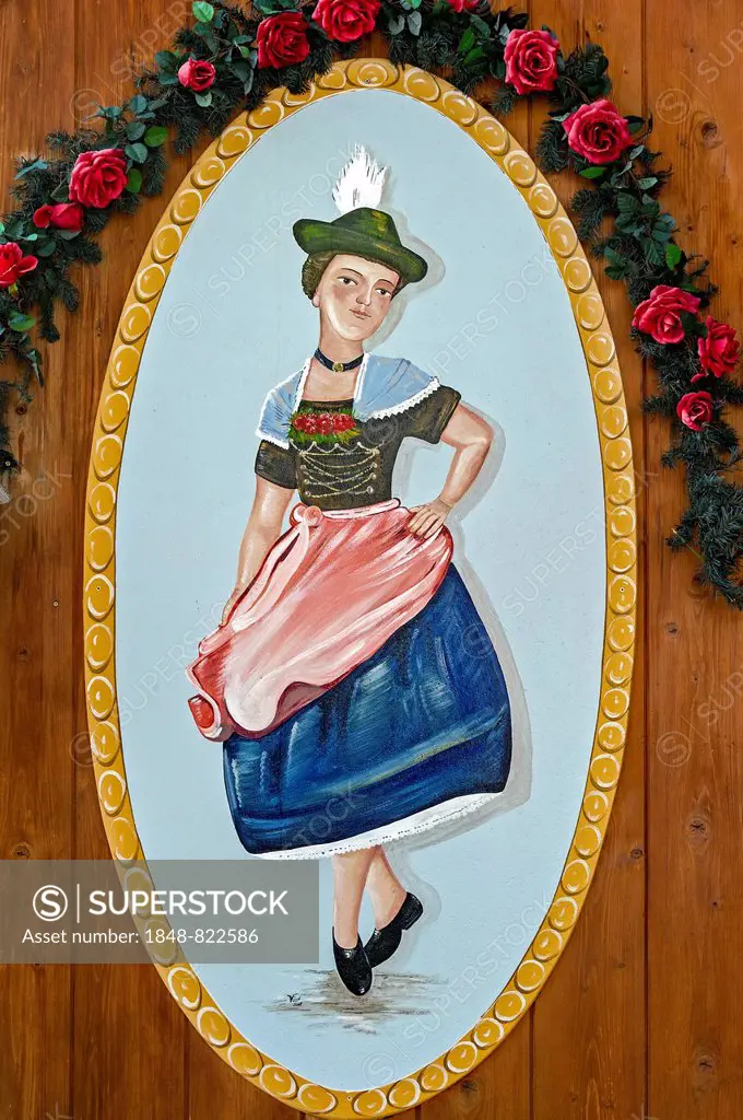 Woman dancing the Schuhplattler in Bavarian dress, painted on a wooden board, Echelsbach, Upper Bavaria, Bavaria, Germany