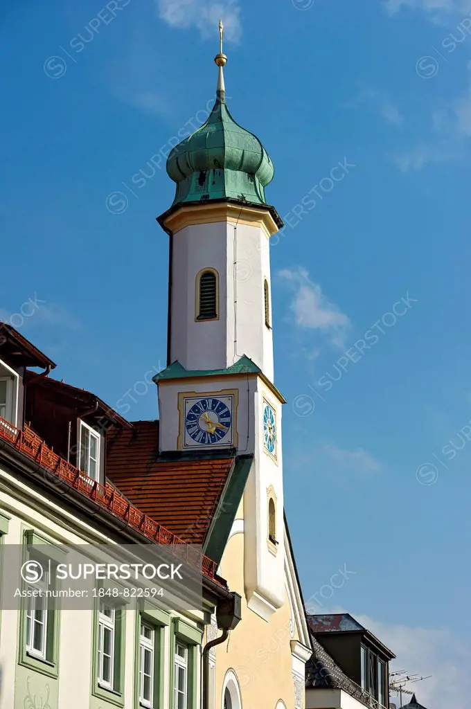 Bell tower, Maria-Hilf-Kirche church, Untermarkt, Murnau am Staffelsee, Upper Bavaria, Bavaria, Germany