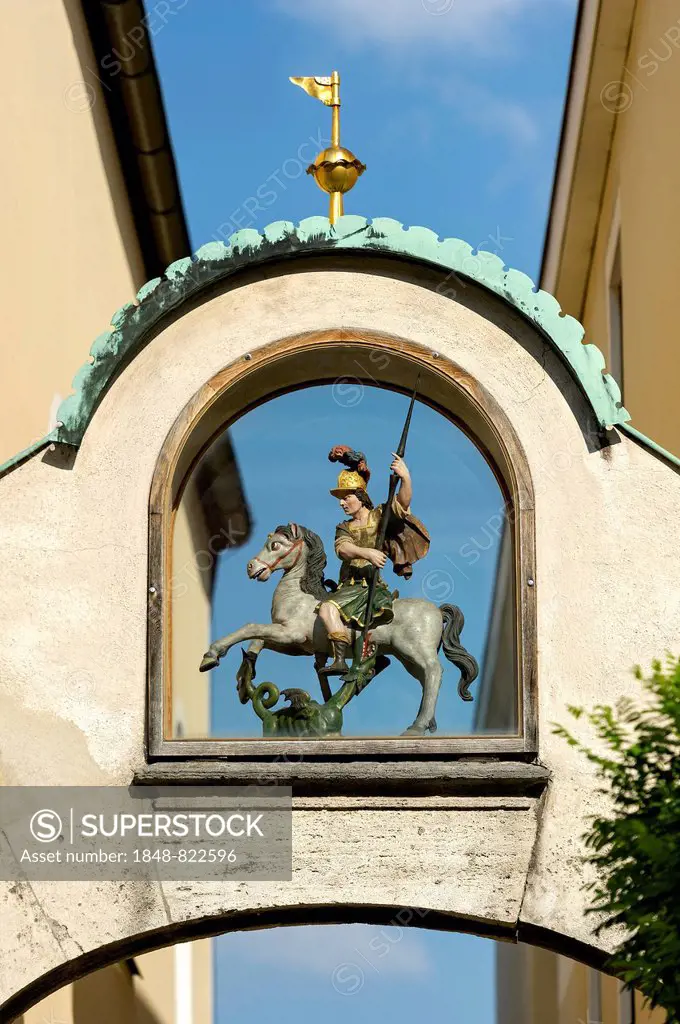 St. George slaying the Murnau dragon, Maria-Hilf-Kirche church, Untermarkt, Murnau am Staffelsee, Upper Bavaria, Bavaria, Germany