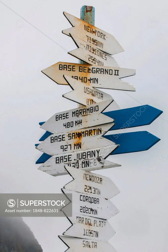 Distances, signpost at the Argentine research station Orcadas Base, Laurie Island, South Orkney Islands, Antarctica