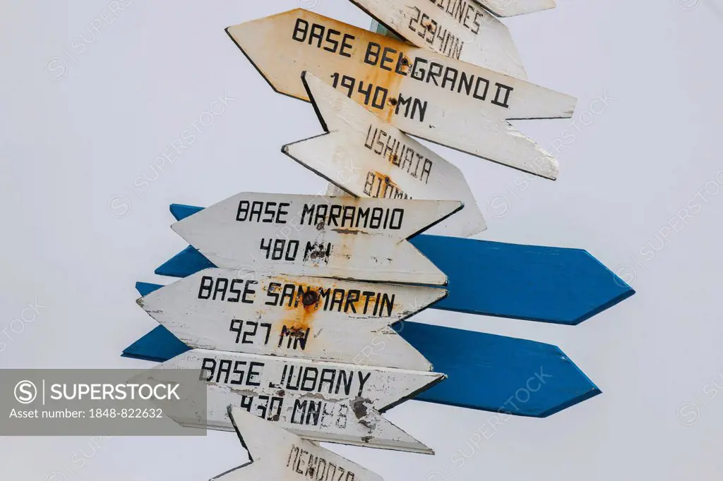 Distances, signpost at the Argentine research station Orcadas Base, Laurie Island, South Orkney Islands, Antarctica