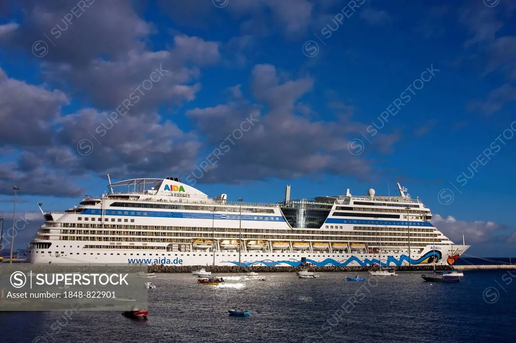 Cruise ship Aida Blue in the evening, harbour of Puerto del Rossario, Fuerteventura, Canary Islands, Spain