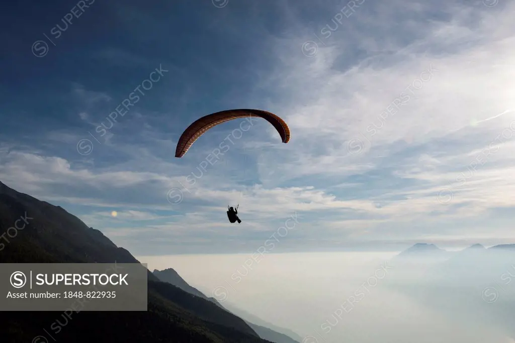 Paragliding, paraglider, clouds, inversion, Lake Garda, Veneto, Italy