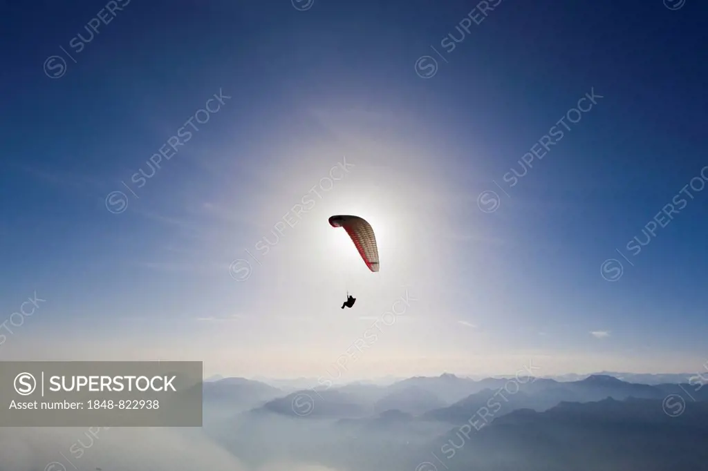 Paragliding, paraglider, haze, sun, Lake Garda, Veneto, Italy