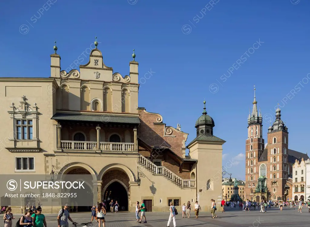 Part of Kraków Cloth Hall, with St. Mary's Basilica, Stare Miasto old town, Kraków, Lesser Poland Voivodeship, Poland