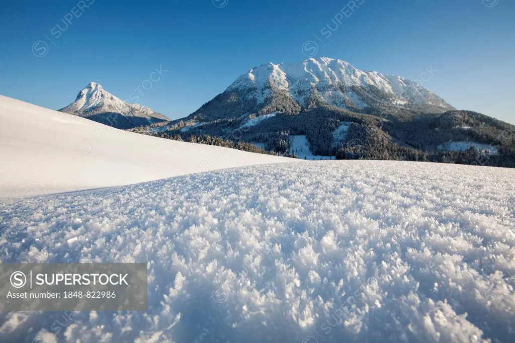 Ice crystals in a winter landscape, Mt Guffert, rear left, and Mt Vorderunnütz, right, Achental Valley, Achenkirch, North Tyrol, Austria