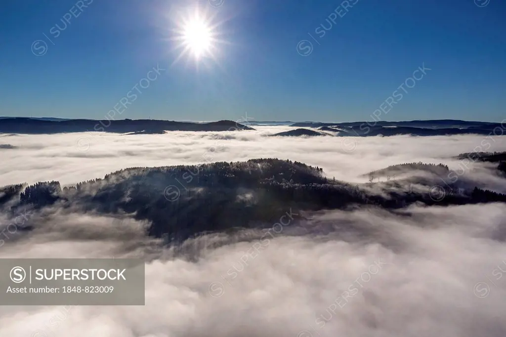 Closed cloud cover in the valleys of Meschede, Sauerland region, North Rhine-Westphalia, Germany