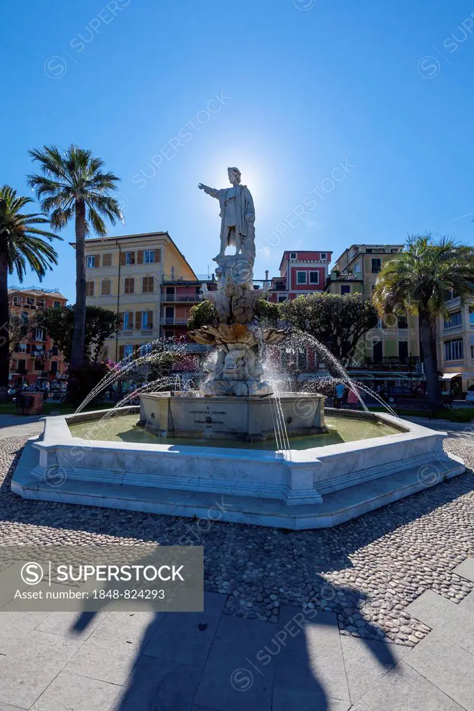 Statue of Christopher Columbus in the port of Santa Margherita Ligure, Liguria, Italy