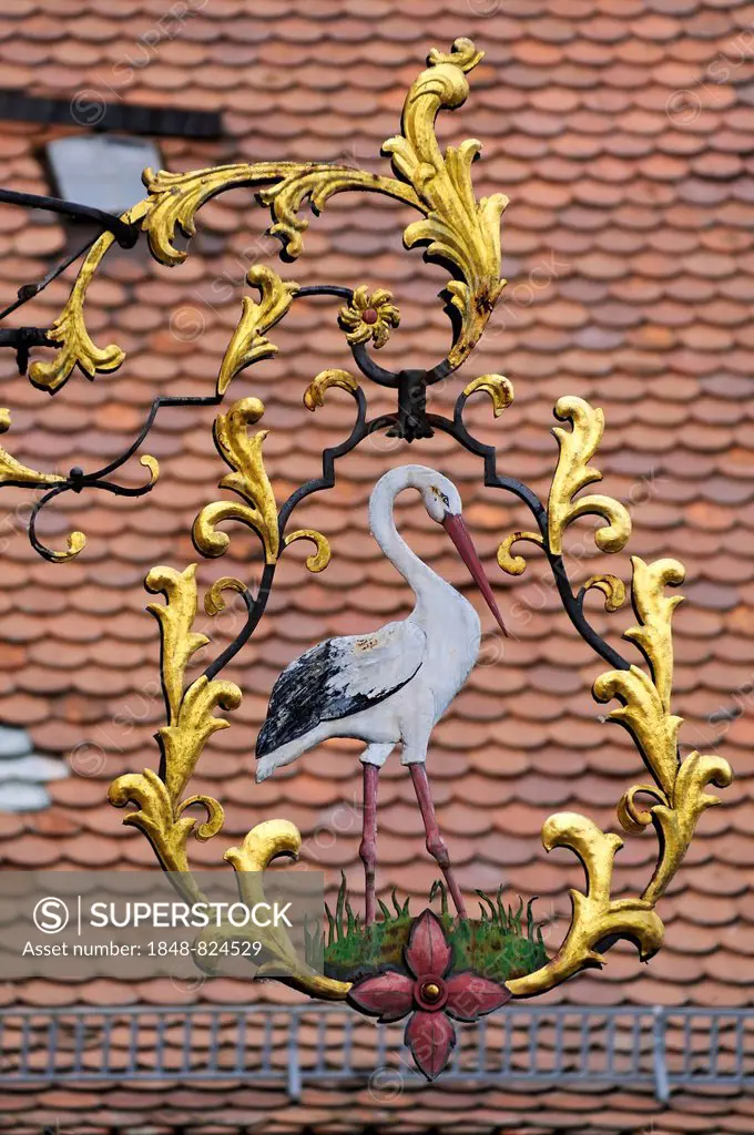 Hanging sign of the Zum Storchen restaurant, inn since about 1580, Bad Windsheim, Middle Franconia, Bavaria, Germany