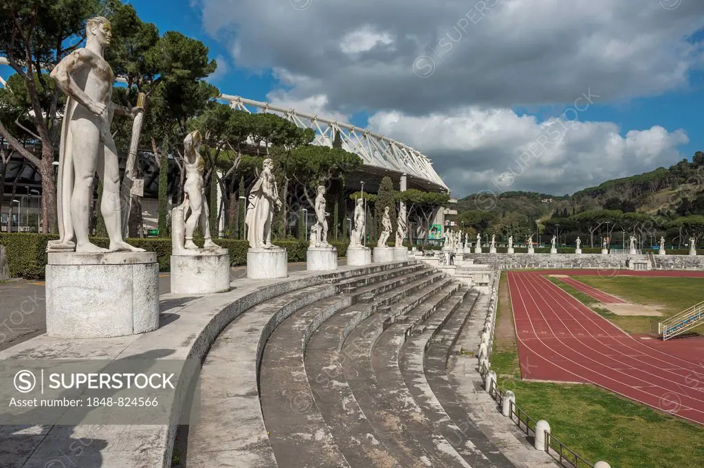 Marble stadium, inspired by the antique, monumental statues, Foro Italico sports complex, 1928-1938, Rome, Lazio, Italy