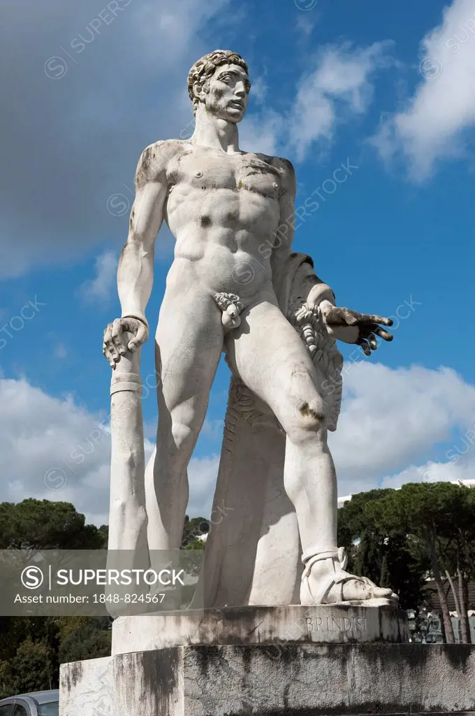 Naked fighter with mace, monumental marble statue at the marble stadium, Foro Italico sports complex, 1928-1938, Rome, Lazio, Italy