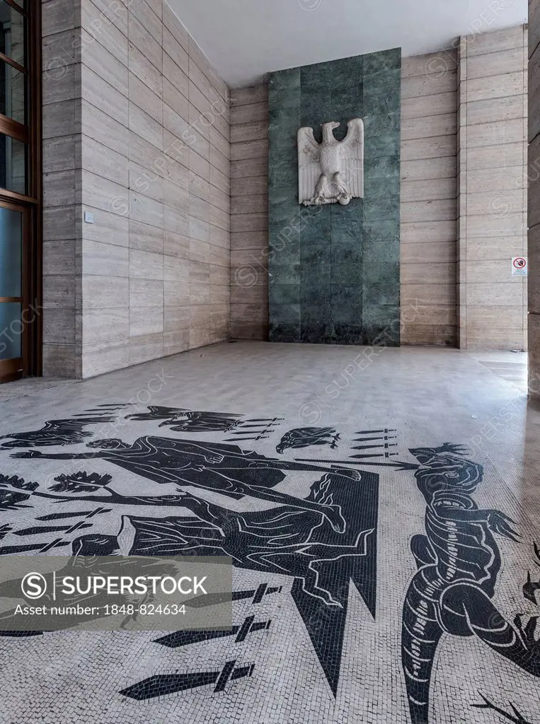 Roma Ostiense railway station, built in 1938 for Hitler's visit to Rome, mosaics in the vestibule showing the superiority of ancient Rome, fascist sym...