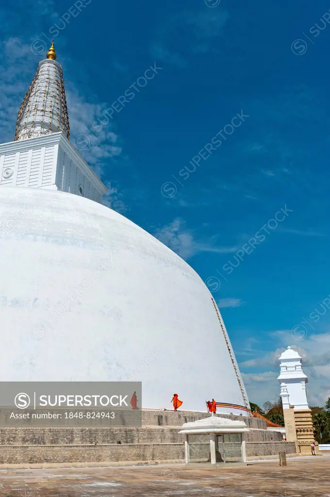 Monks at a large white stupa, Ruwanwelisaya Dagoba, Anuradhapura, Sri Lanka