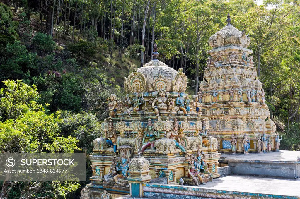 Ornate Gopuram or temple towers with decorations, Sita Eliya Temple, near Nuwara Eliya, Central Province, Sri Lanka