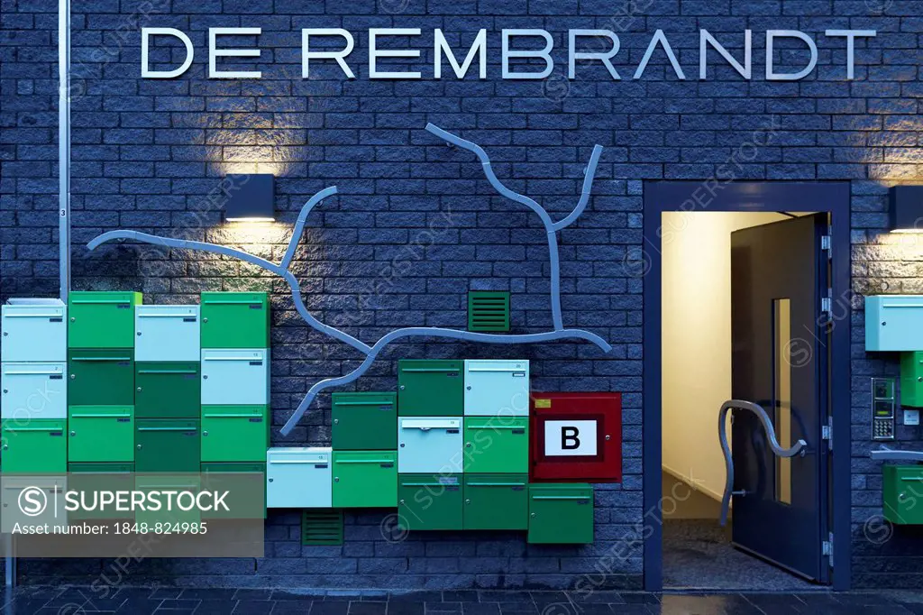 House wall with mailboxes, entrance to the apartment block &quot;De Rembrandt&quot;, Eindhoven, North Brabant, Netherlands
