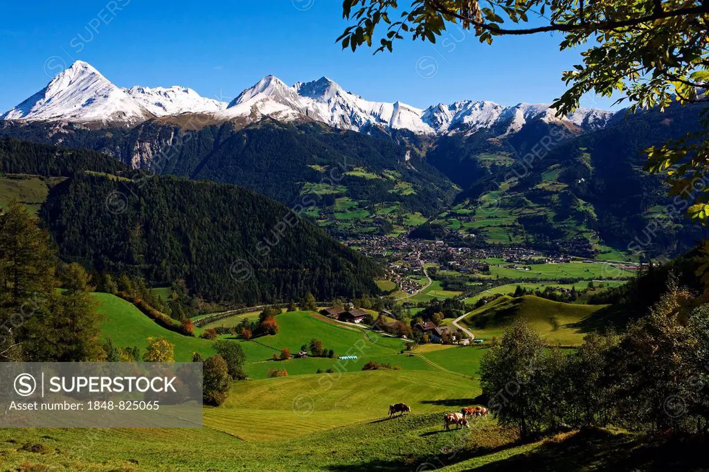 View over Matrei towards the Venediger Group, Hohe Tauern National Park, Matrei in Osttirol, Tyrol, Austria