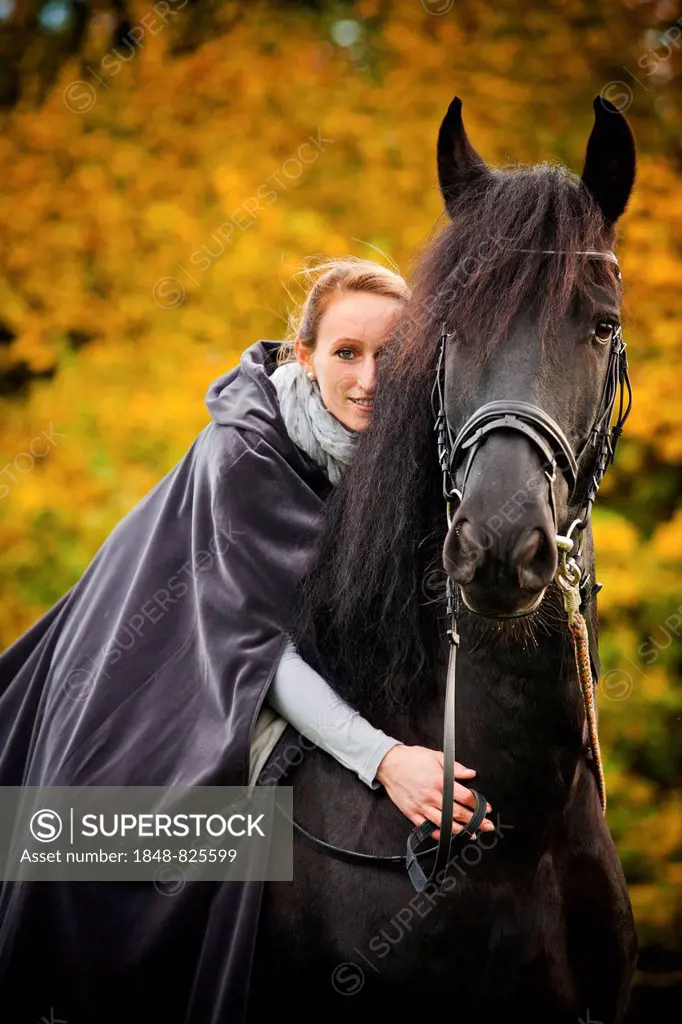 Rider with cape on a Frisian, black horse, gelding