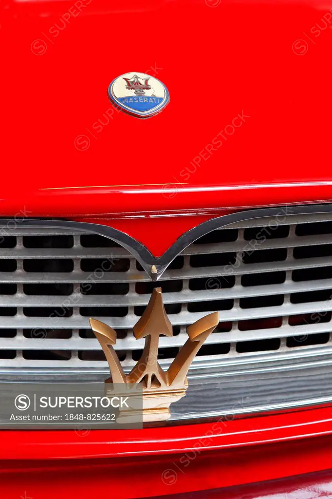 Maserati logo and emblem of trident on a car
